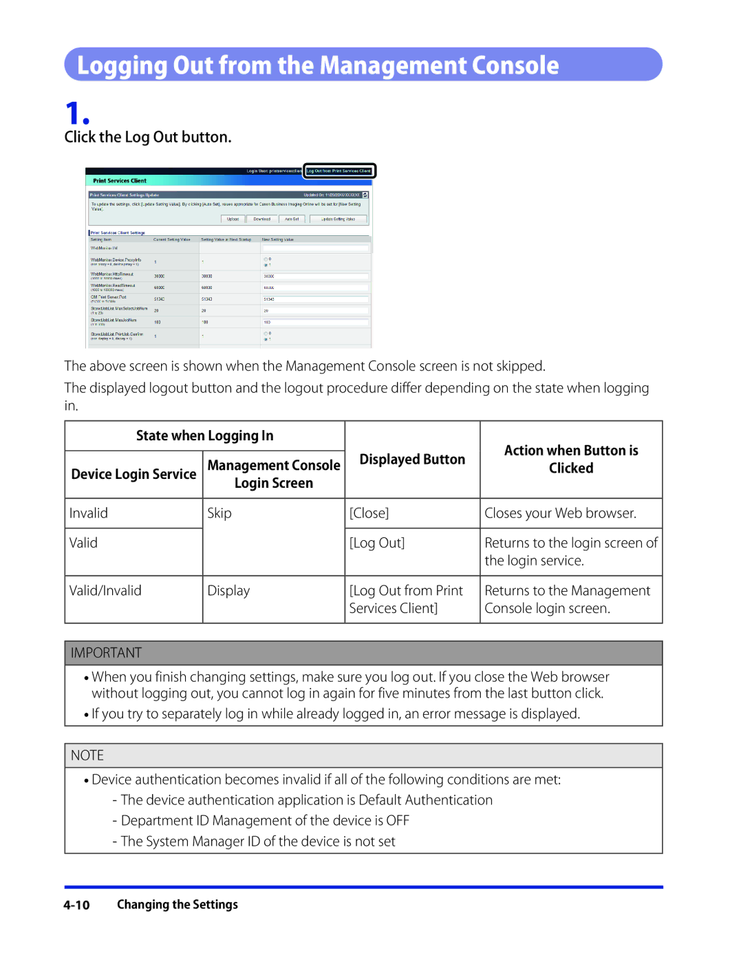 Canon 1 manual Logging Out from the Management Console, Click the Log Out button 