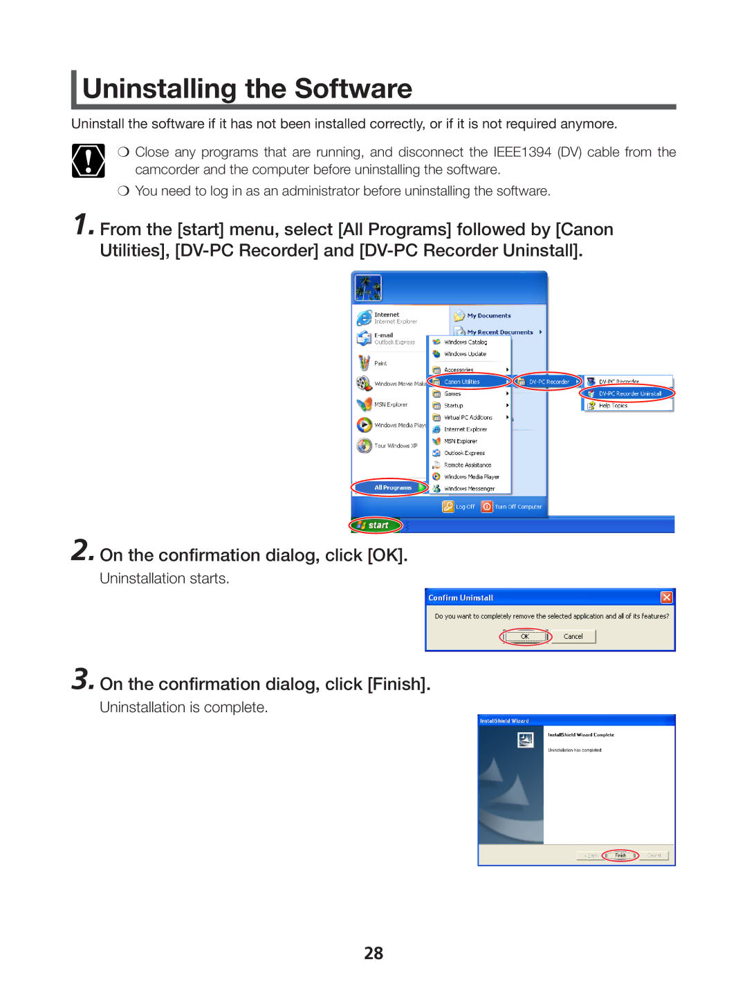 Canon 1 instruction manual Uninstalling the Software 