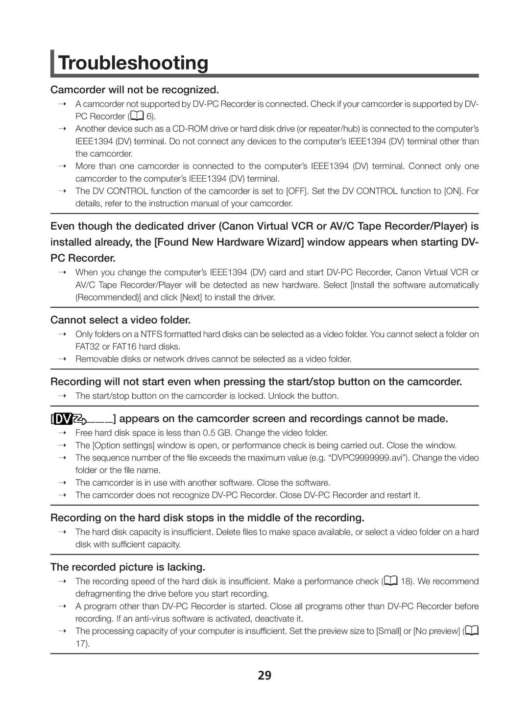 Canon 1 instruction manual Troubleshooting, Camcorder will not be recognized 