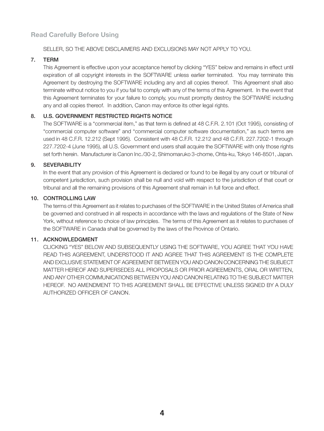 Canon 1 instruction manual S. Government Restricted Rights Notice 