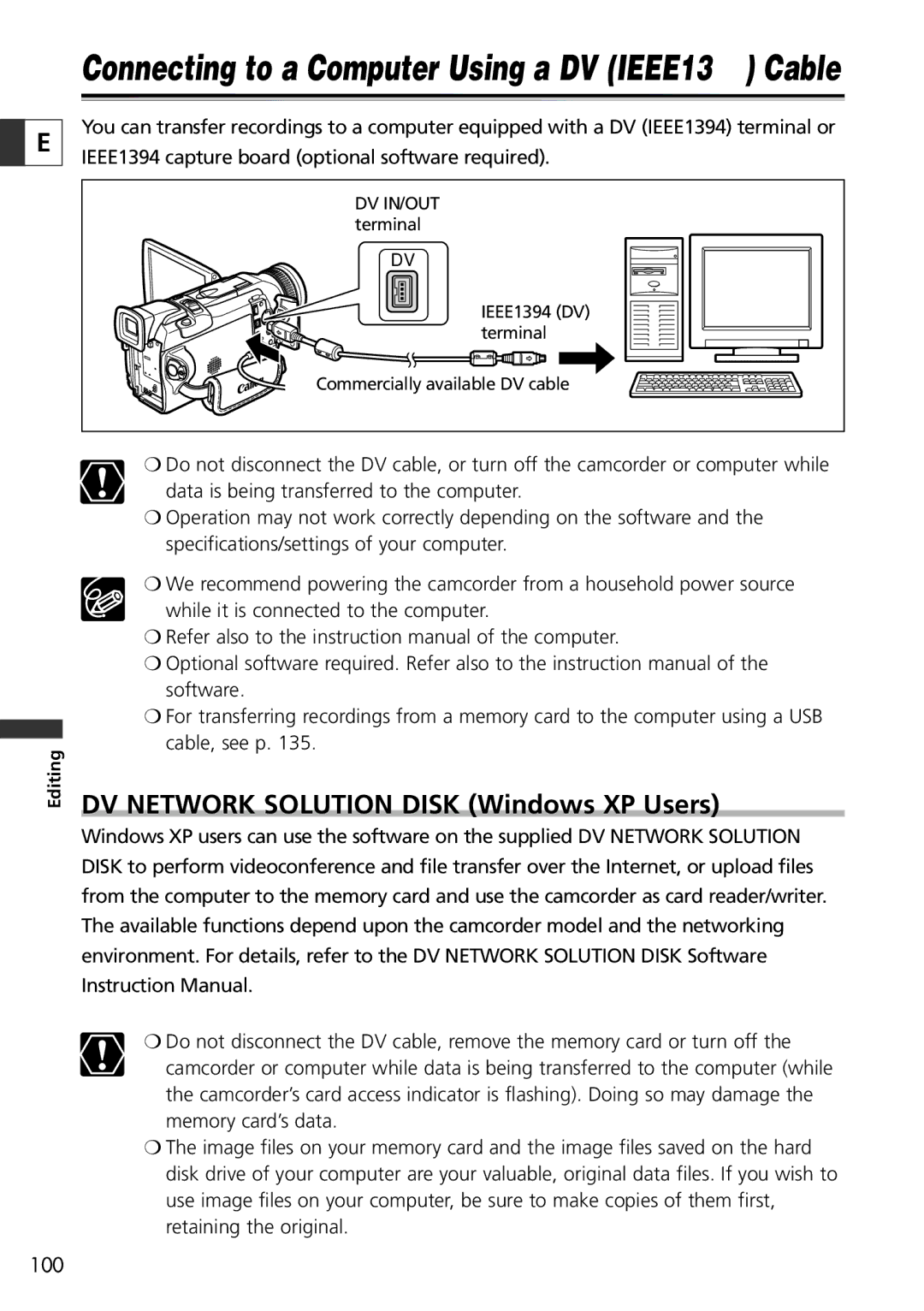 Canon 10, 20 Connecting to a Computer Using a DV IEEE1394 Cable, DV Network Solution Disk Windows XP Users 