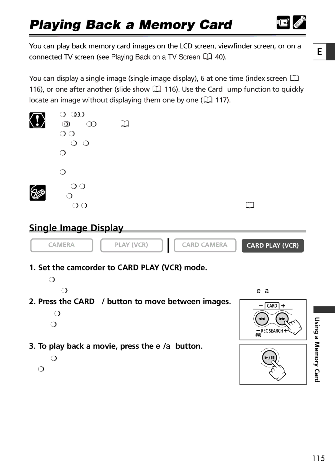 Canon 20, 10 instruction manual Playing Back a Memory Card, Single Image Display, Set the camcorder to Card Play VCR mode 