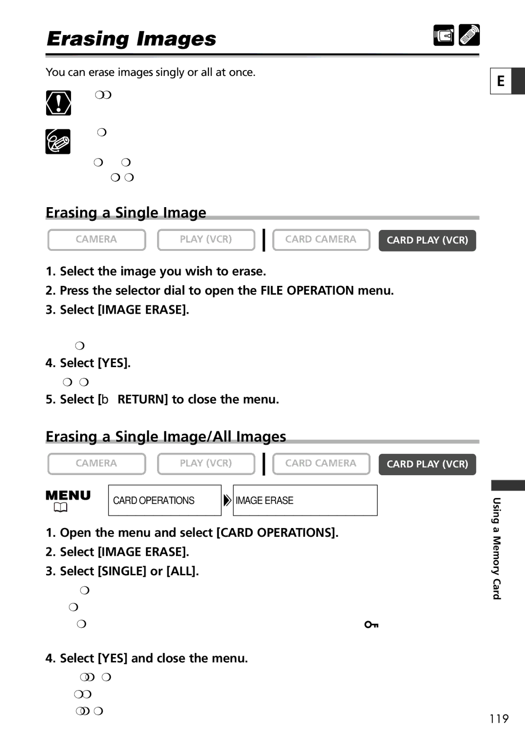 Canon 20, 10 instruction manual Erasing Images, Erasing a Single Image/All Images, Select YES and close the menu 