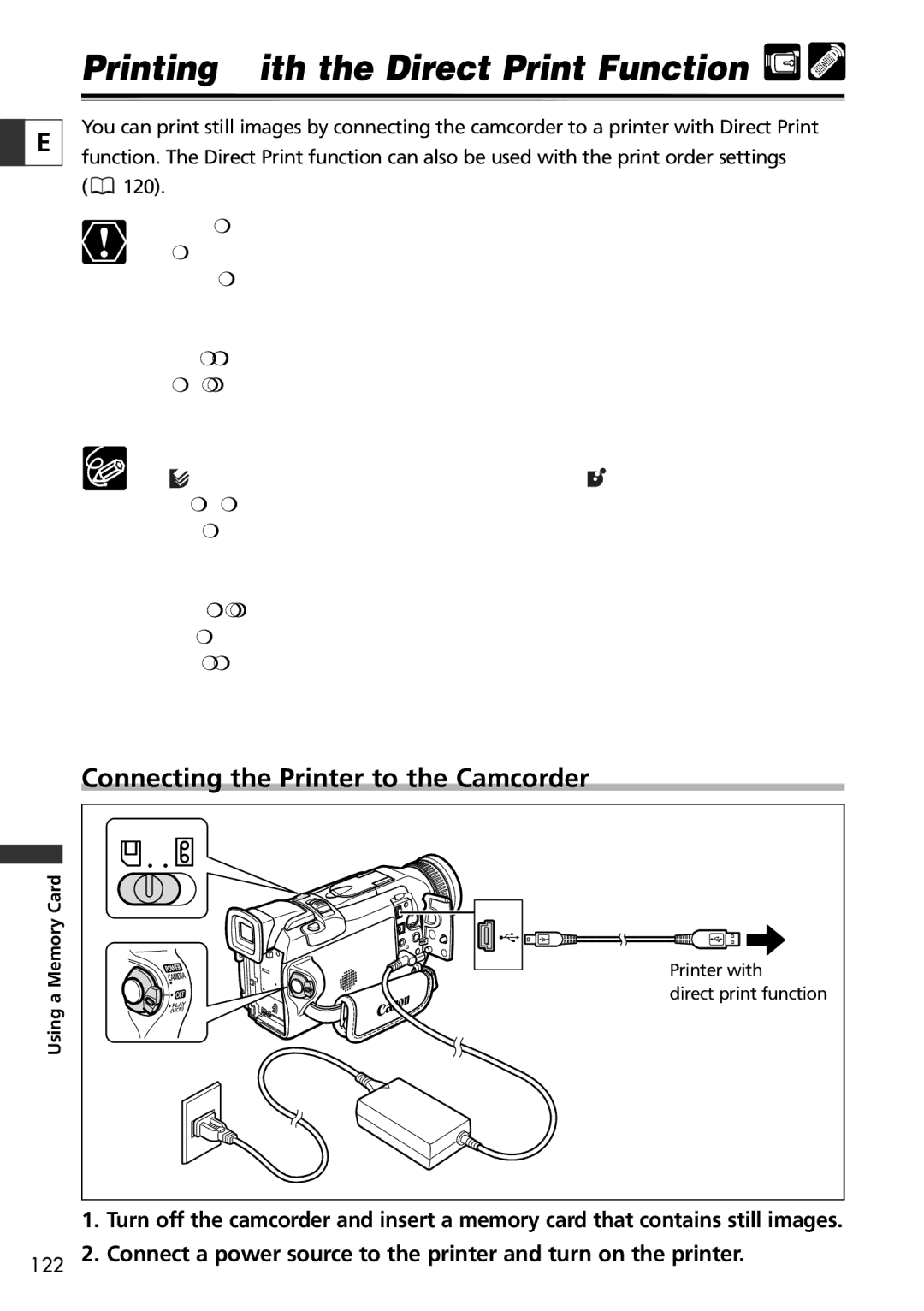 Canon 10, 20 instruction manual Printing with the Direct Print Function, Connecting the Printer to the Camcorder 