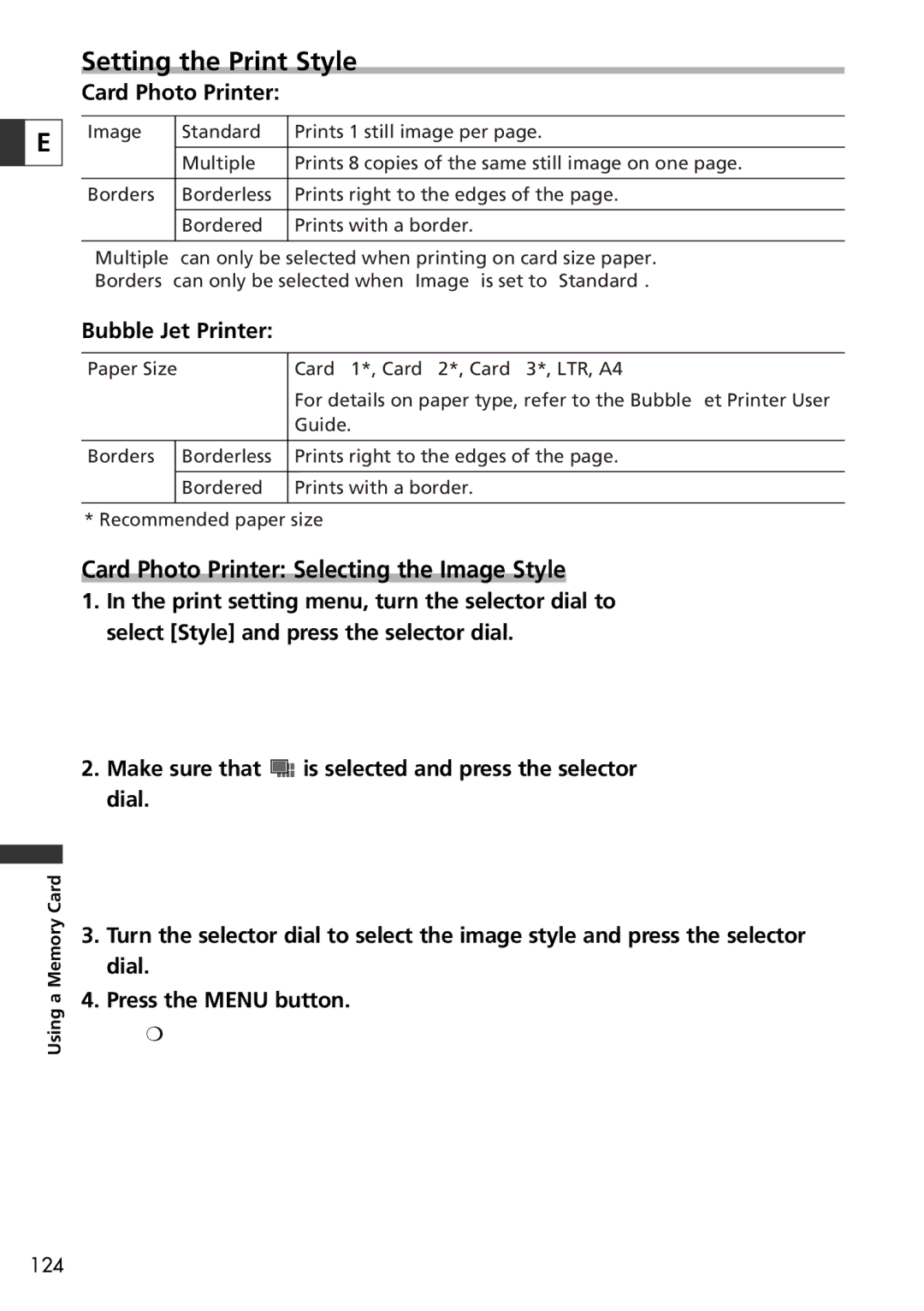 Canon 10, 20 instruction manual Setting the Print Style, Card Photo Printer, Bubble Jet Printer 