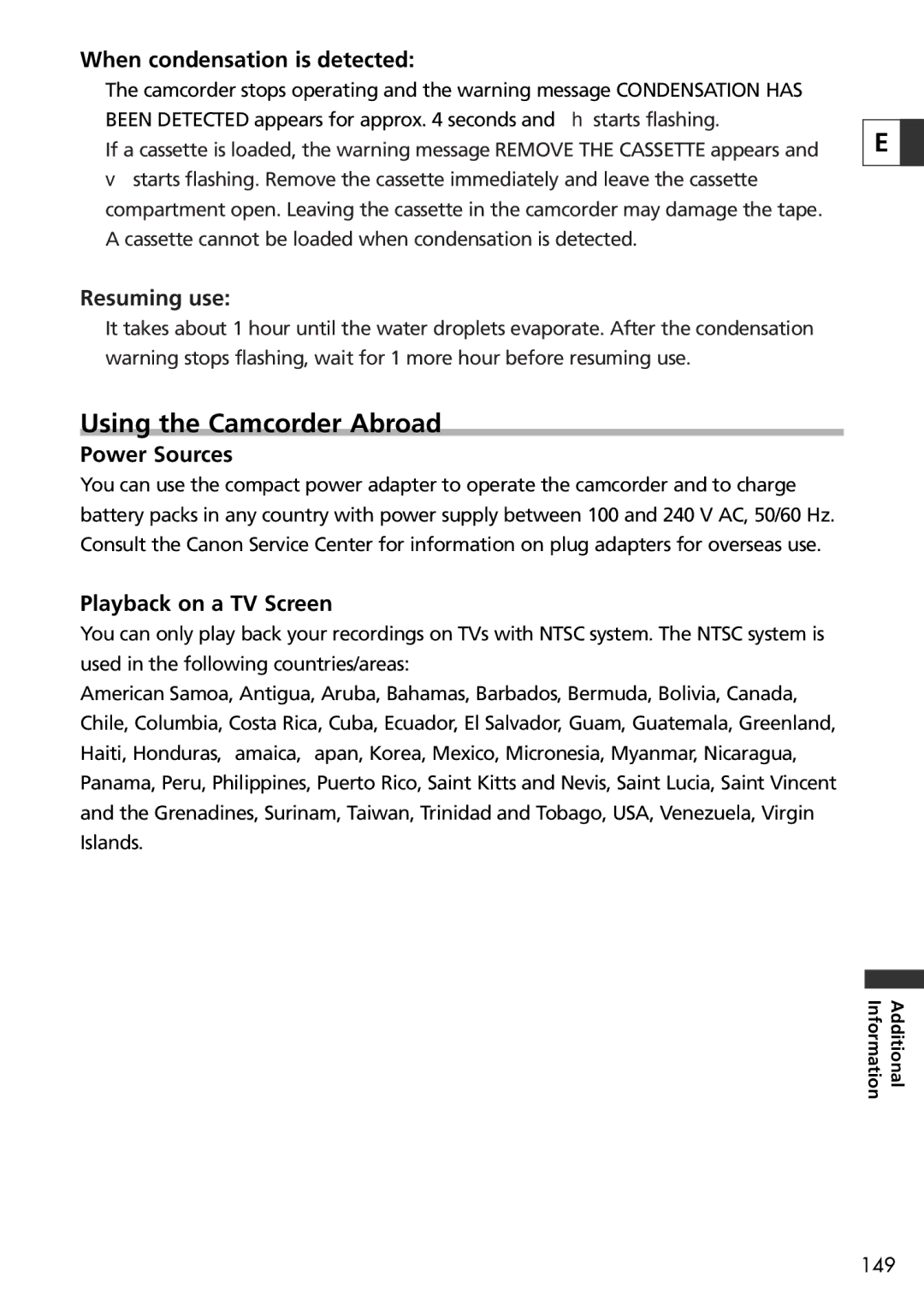Canon 20 Using the Camcorder Abroad, When condensation is detected, Resuming use, Power Sources, Playback on a TV Screen 