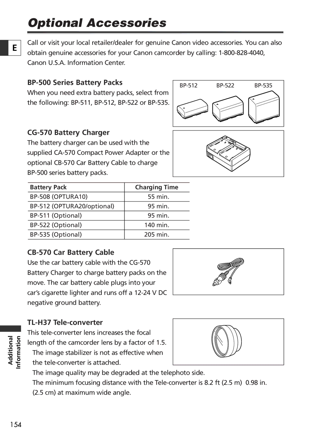 Canon 10, 20 Optional Accessories, BP-500 Series Battery Packs, CG-570 Battery Charger, CB-570 Car Battery Cable 