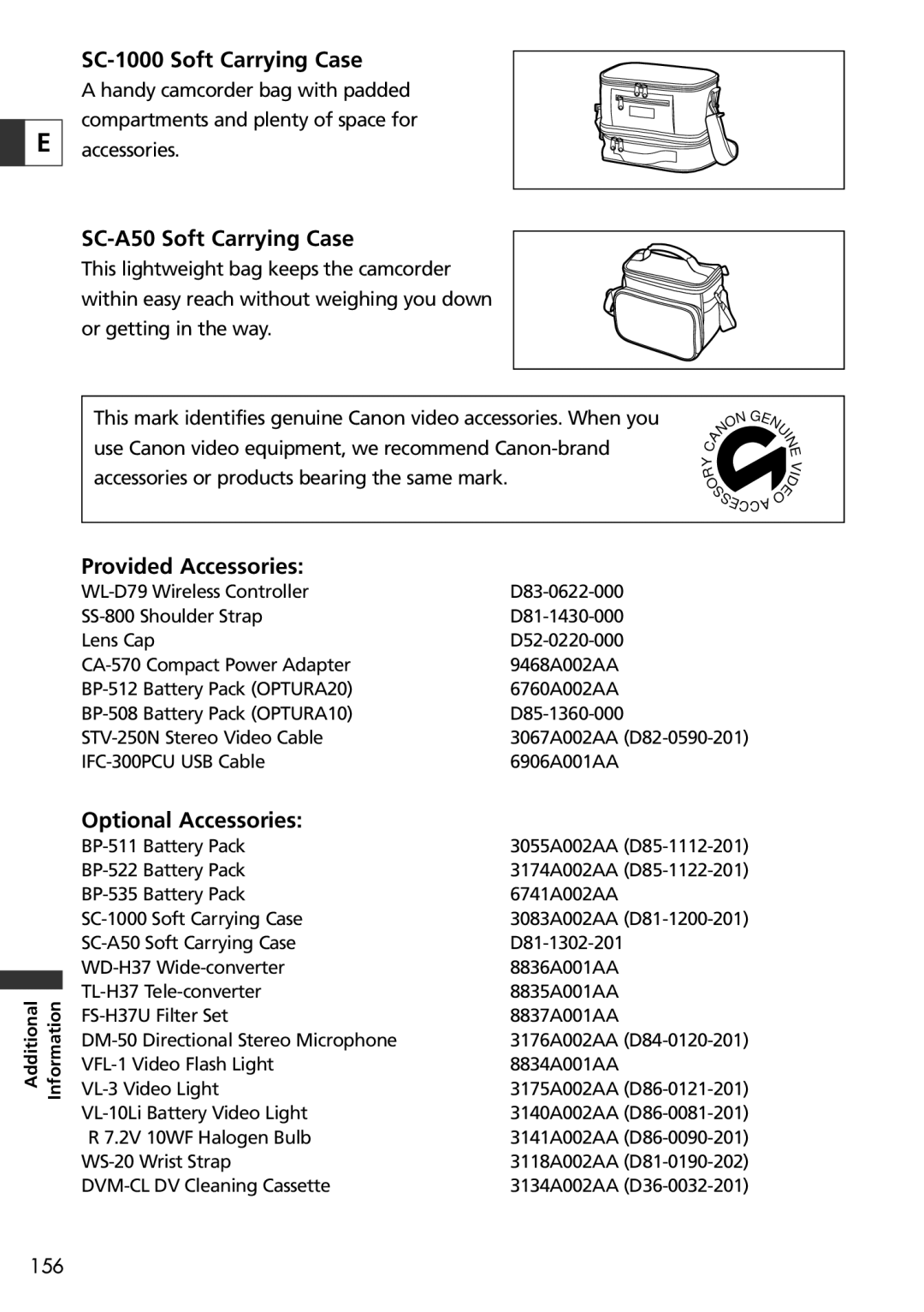 Canon 20 SC-1000 Soft Carrying Case, SC-A50 Soft Carrying Case, Provided Accessories, Optional Accessories 