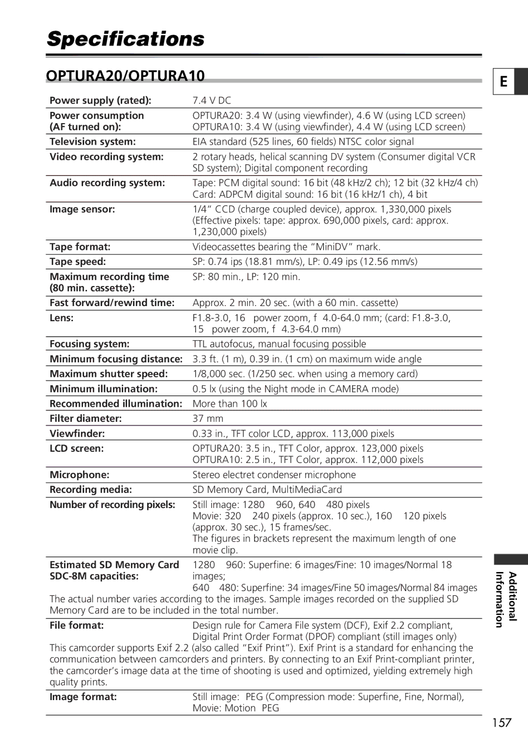 Canon 20, 10 instruction manual Specifications, Video recording system 