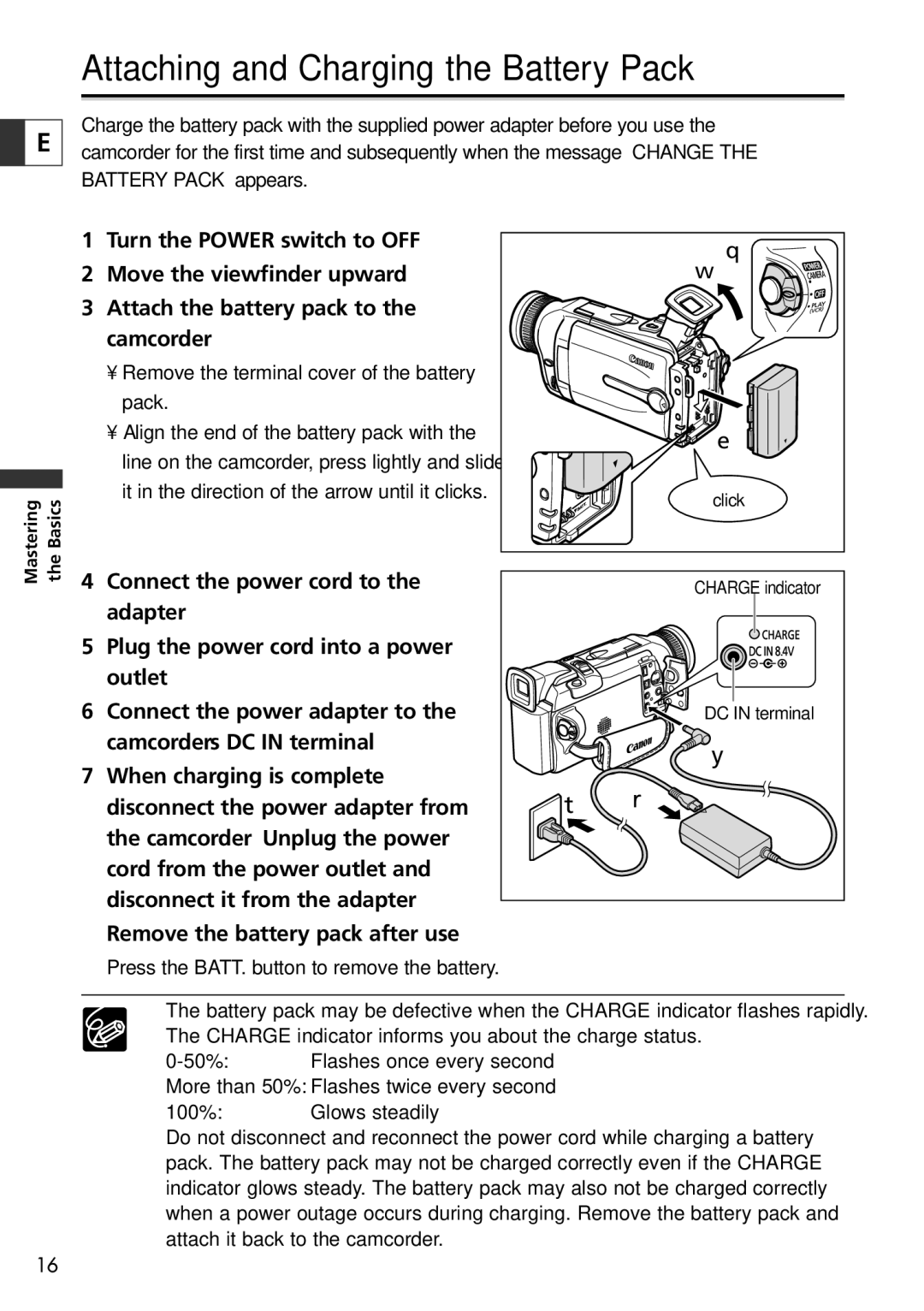 Canon 10, 20 instruction manual Attaching and Charging the Battery Pack, Remove the battery pack after use 