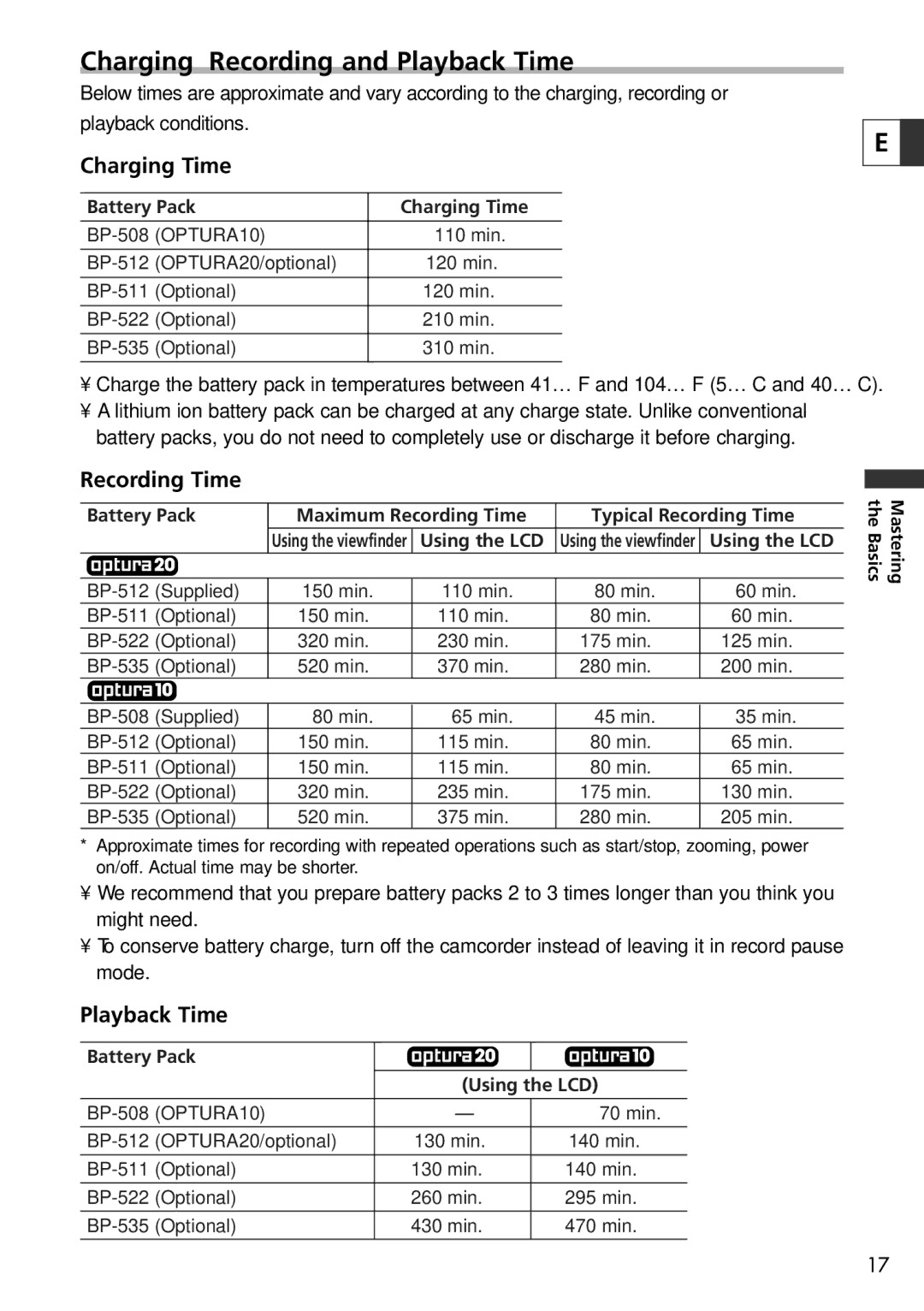 Canon 20, 10 instruction manual Charging, Recording and Playback Time, Charging Time, Recording Time 