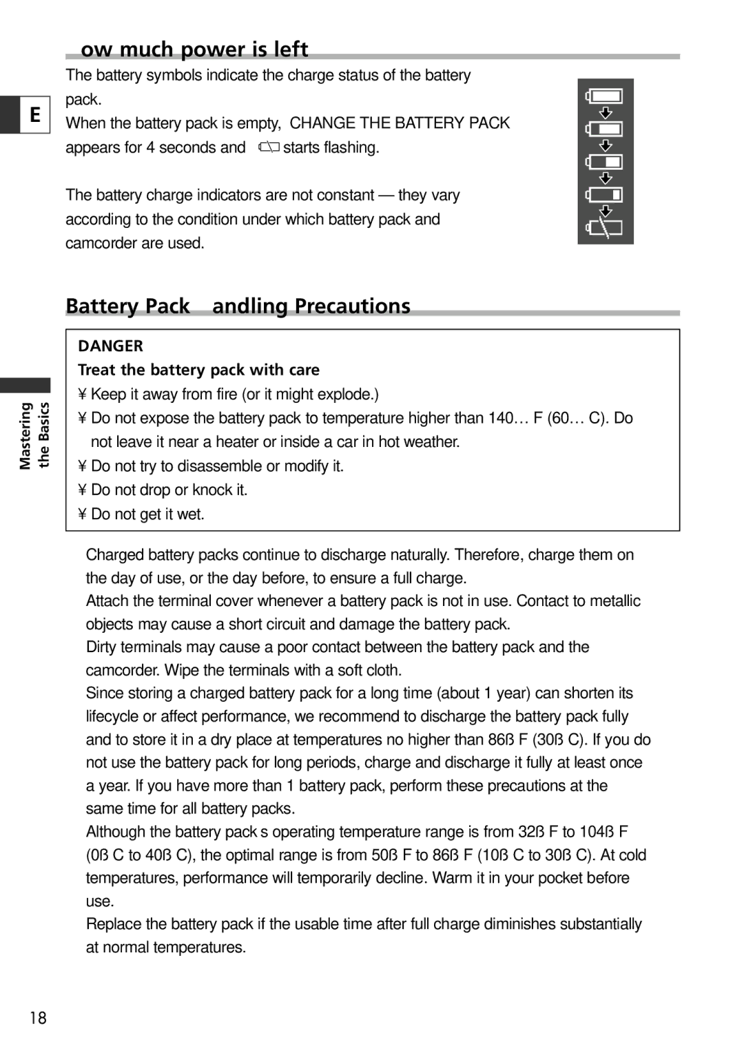 Canon 10, 20 instruction manual How much power is left?, Battery Pack Handling Precautions 