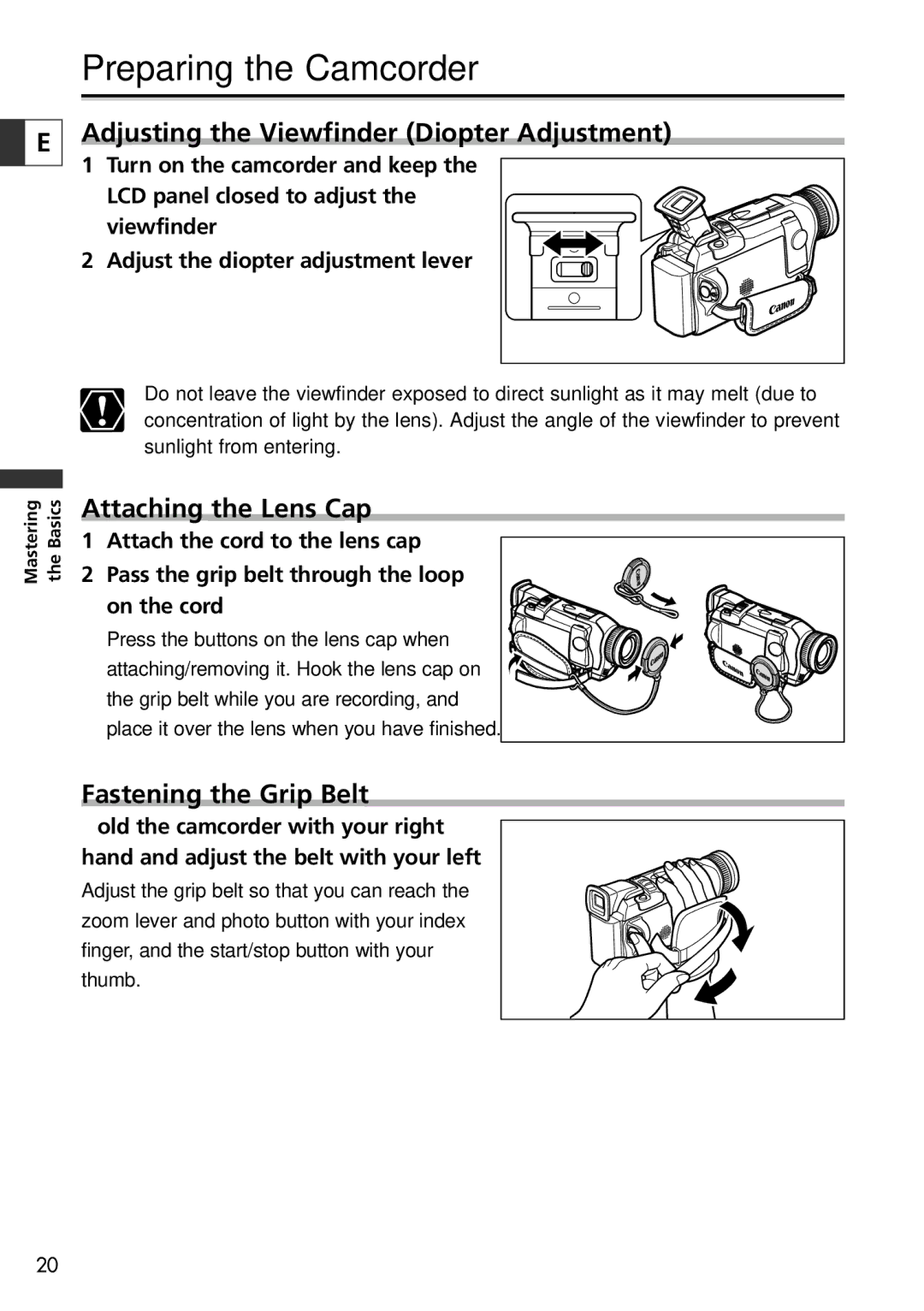 Canon 10, 20 instruction manual Preparing the Camcorder, Adjusting the Viewfinder Diopter Adjustment, Attaching the Lens Cap 