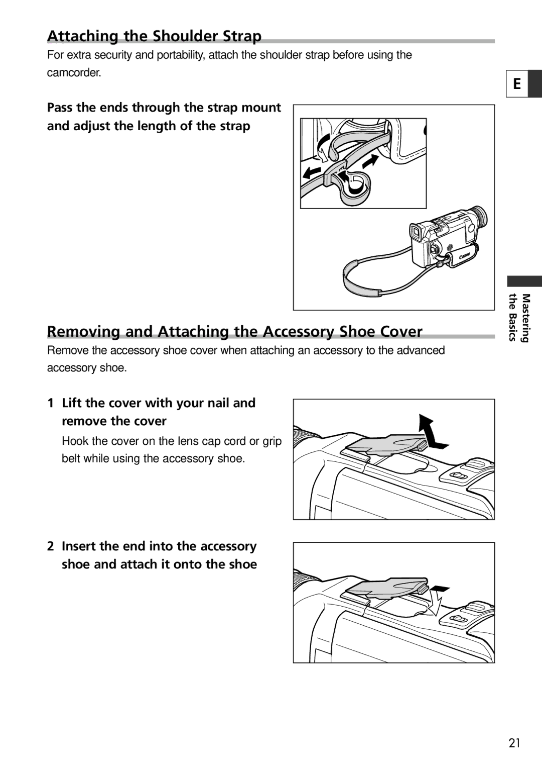 Canon 20, 10 instruction manual Attaching the Shoulder Strap, Removing and Attaching the Accessory Shoe Cover 