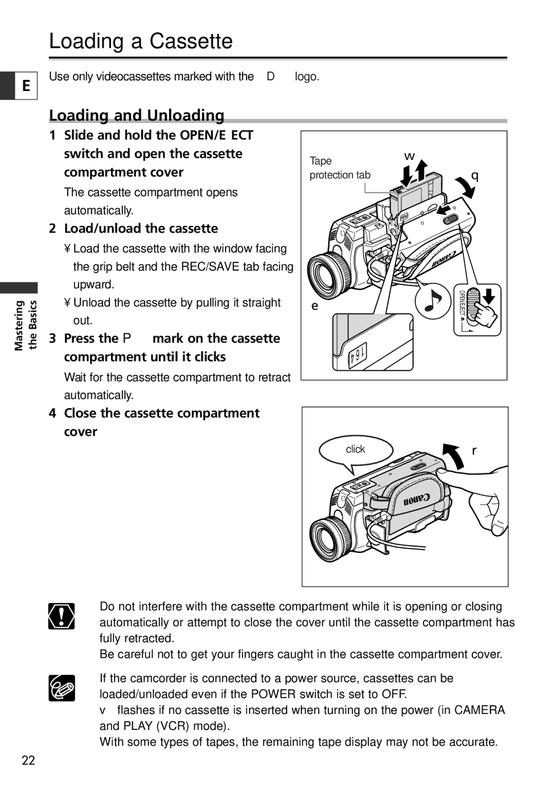 Canon 10, 20 Loading a Cassette, Loading and Unloading, Load/unload the cassette, Close the cassette compartment cover 