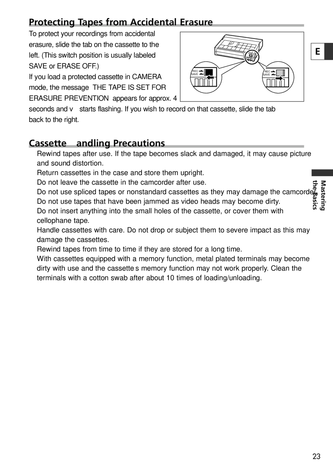 Canon 20, 10 instruction manual Protecting Tapes from Accidental Erasure, Cassette Handling Precautions 