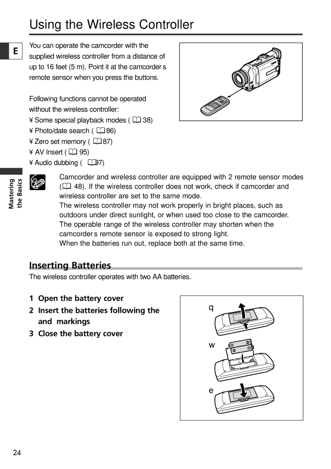 Canon 10, 20 instruction manual Using the Wireless Controller, Inserting Batteries 