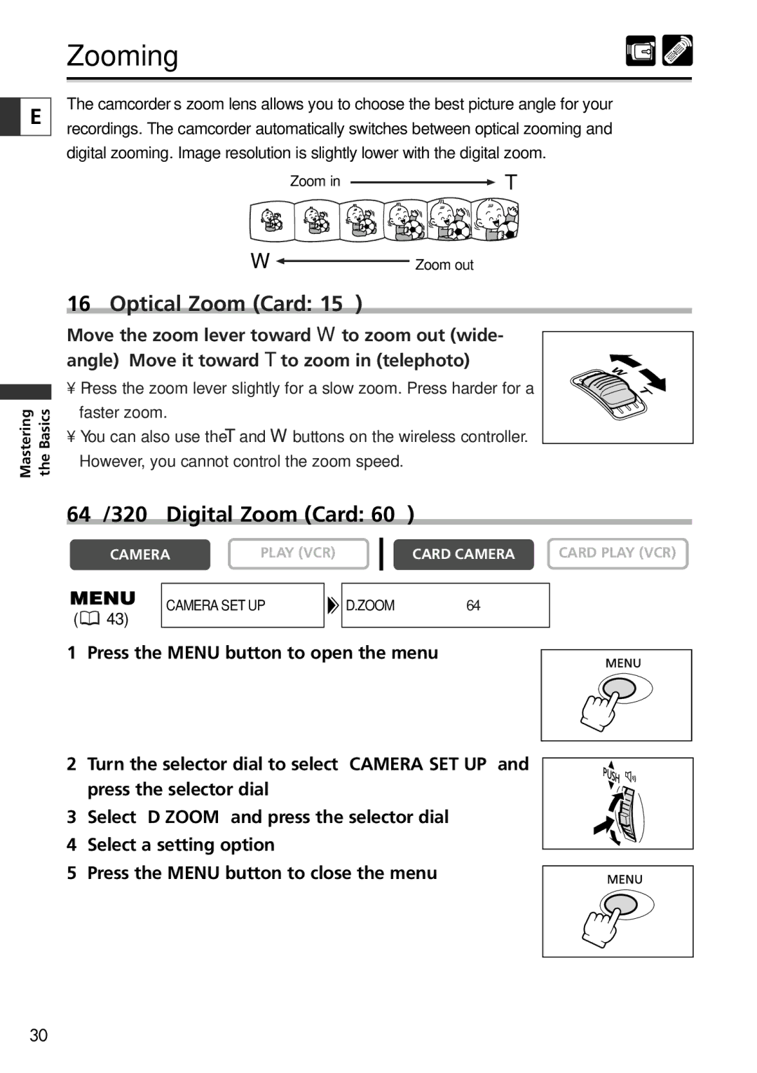 Canon 10 instruction manual Zooming, 64⋅/320⋅ Digital Zoom Card 60⋅ 