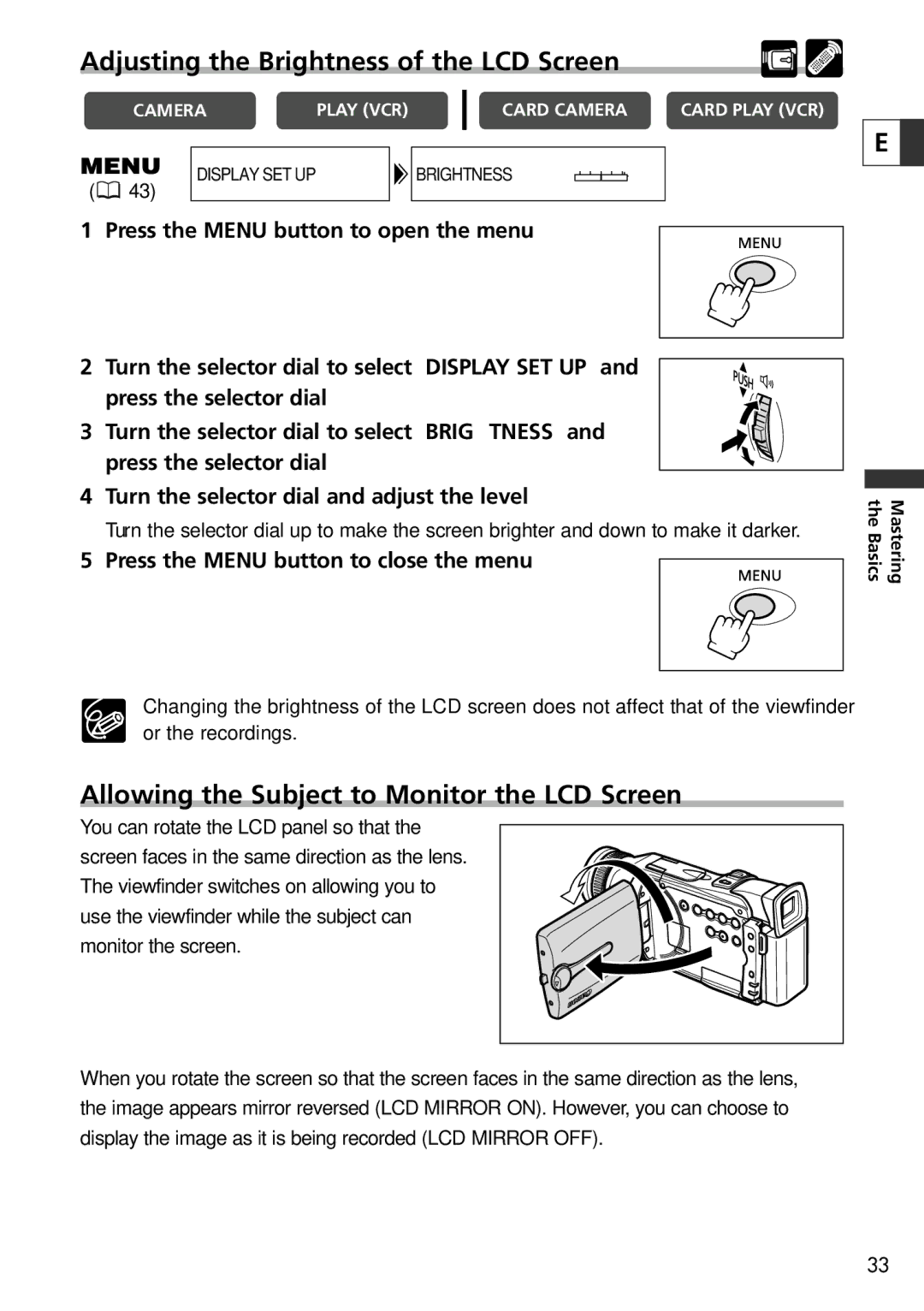 Canon 20, 10 instruction manual Adjusting the Brightness of the LCD Screen, Allowing the Subject to Monitor the LCD Screen 