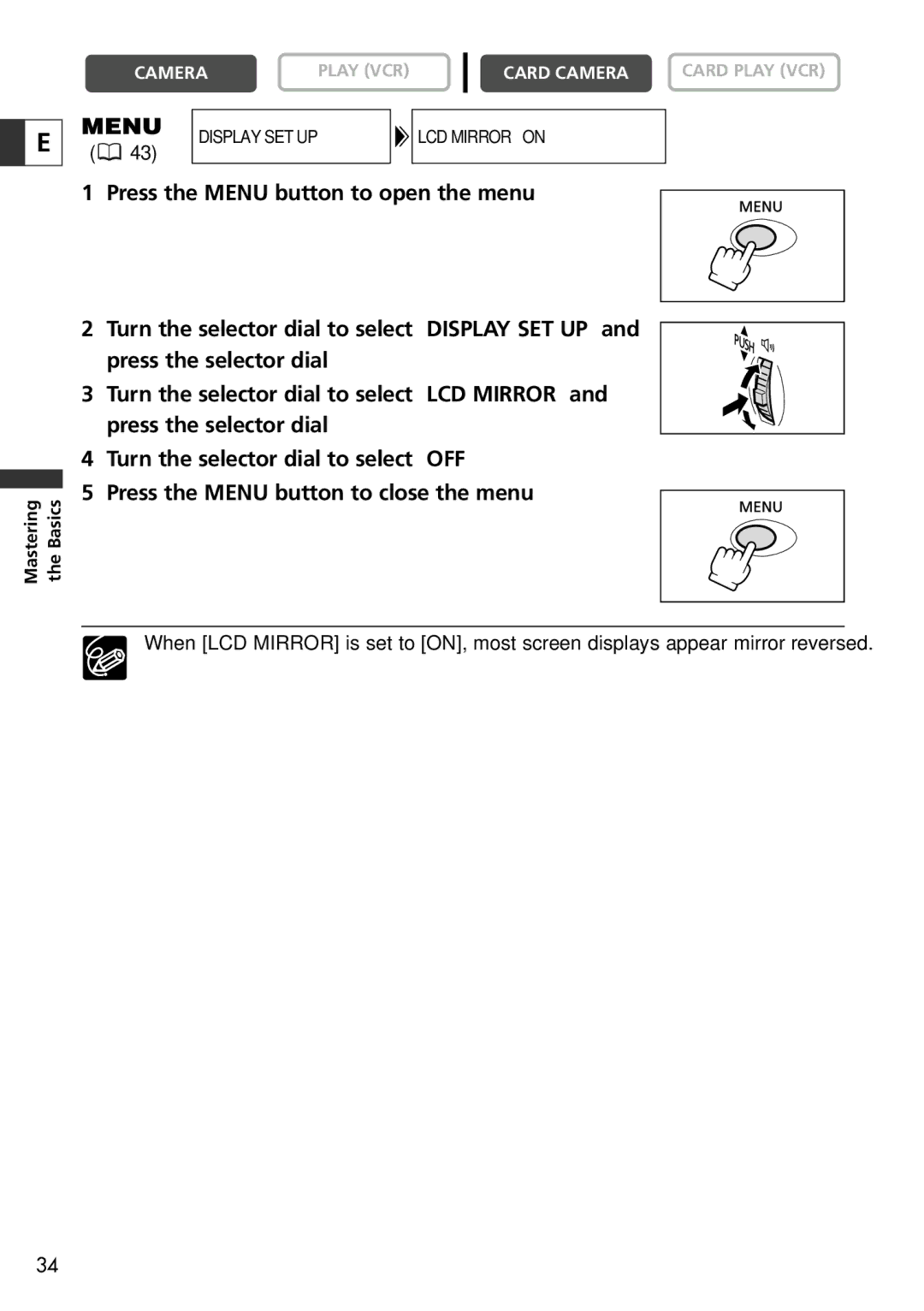 Canon 10, 20 instruction manual Display SET UP LCD Mirroron 