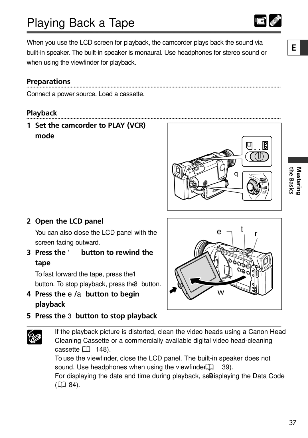 Canon 20, 10 instruction manual Playing Back a Tape, Press the ` button to rewind the tape 