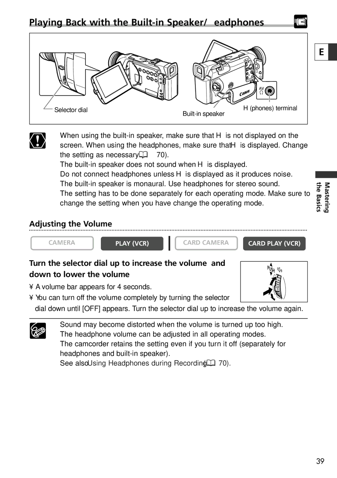 Canon 20, 10 instruction manual Playing Back with the Built-in Speaker/Headphones, Adjusting the Volume 