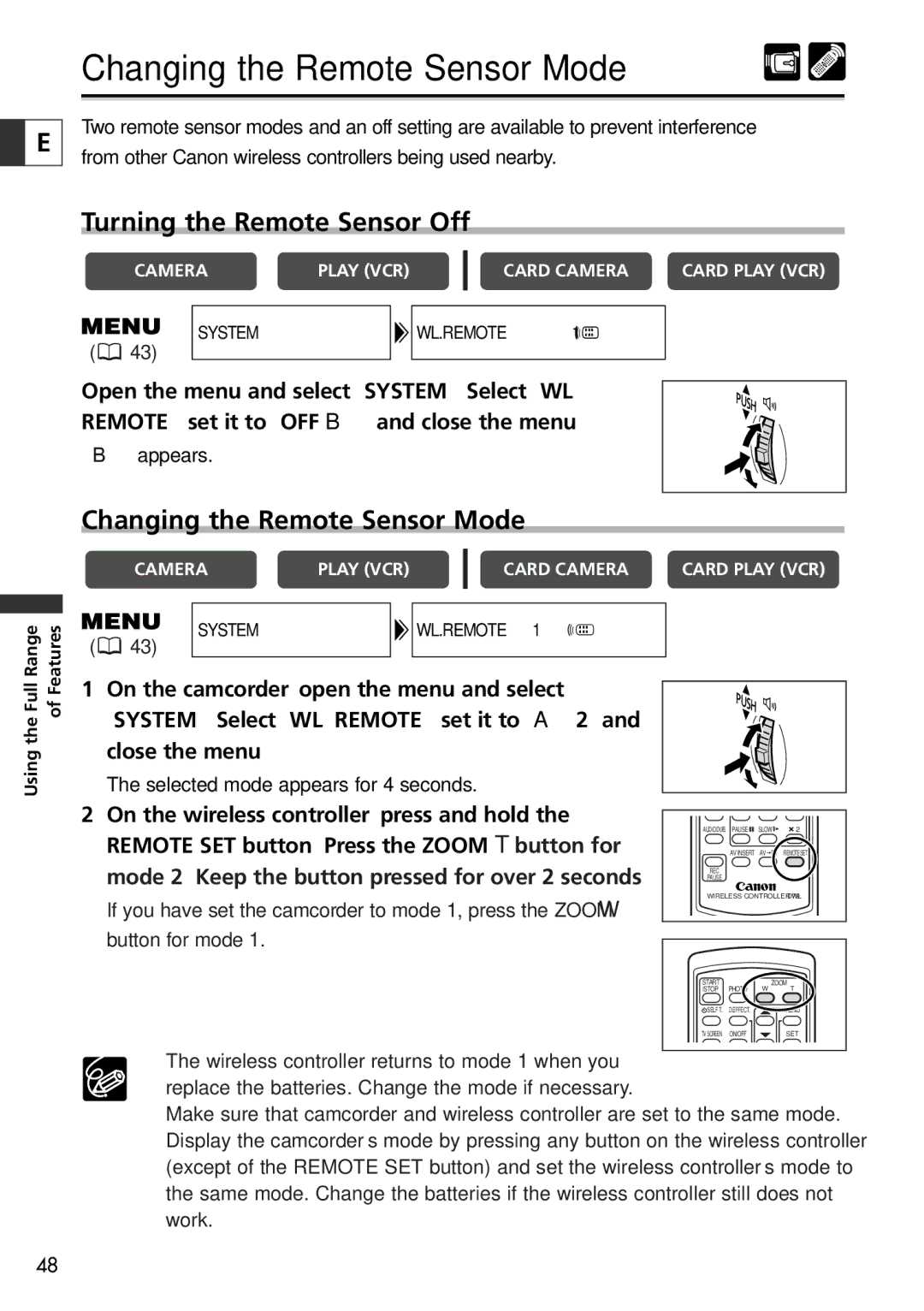 Canon 10, 20 instruction manual Changing the Remote Sensor Mode, Turning the Remote Sensor Off 