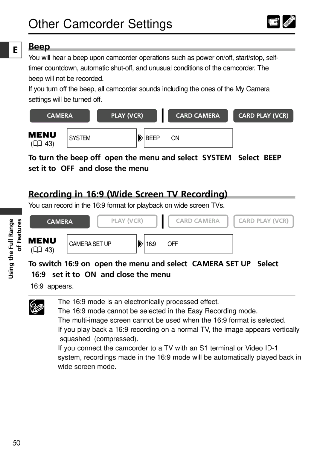 Canon 10, 20 instruction manual Other Camcorder Settings, Beep, Recording in 169 Wide Screen TV Recording 