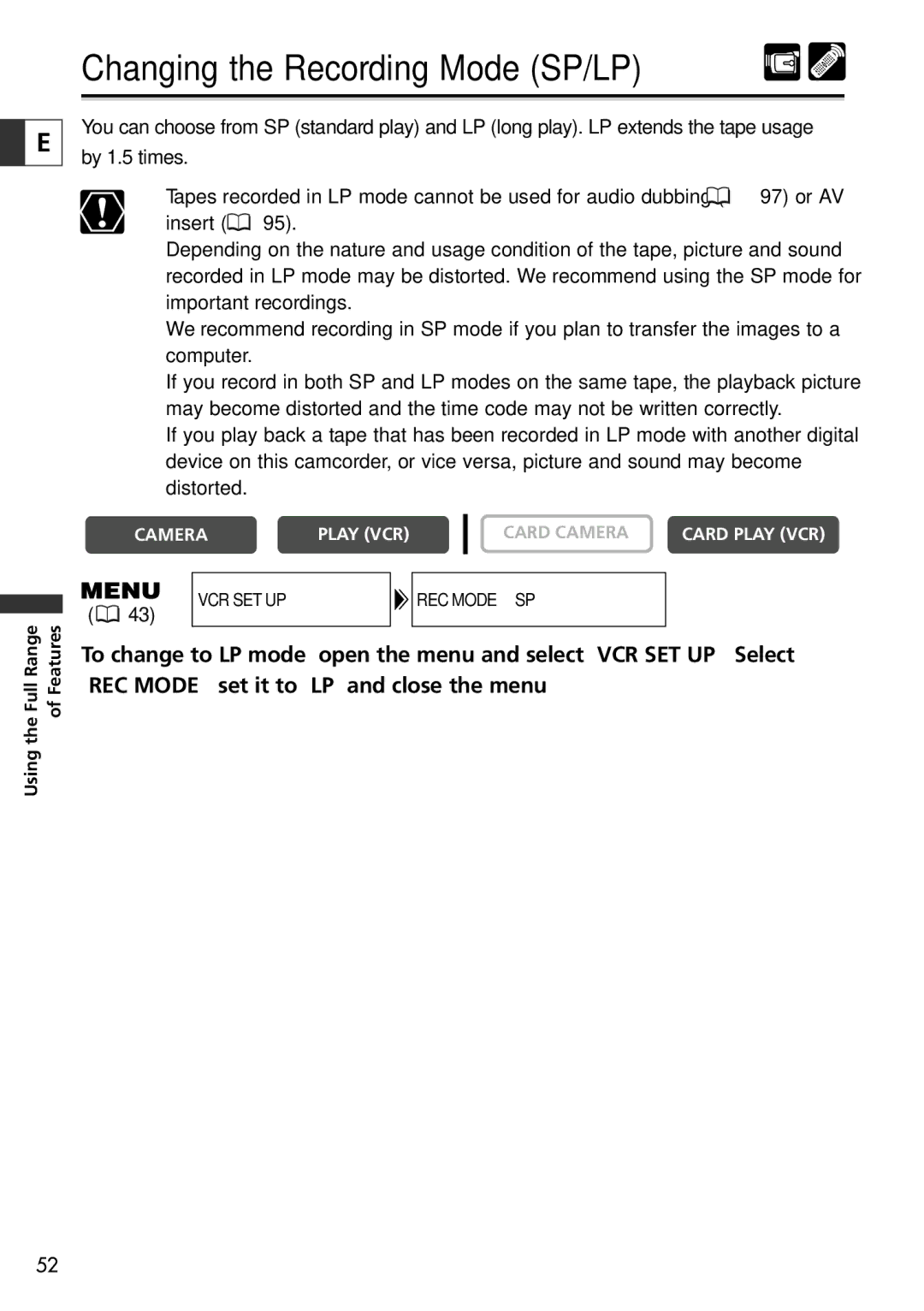 Canon 10, 20 instruction manual Changing the Recording Mode SP/LP 