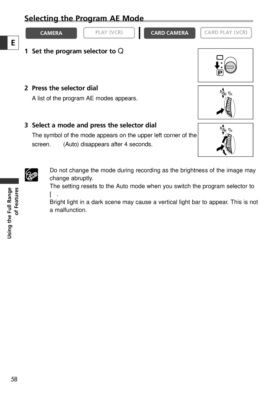 Canon 10, 20 instruction manual Selecting the Program AE Mode, Set the program selector to Q Press the selector dial 