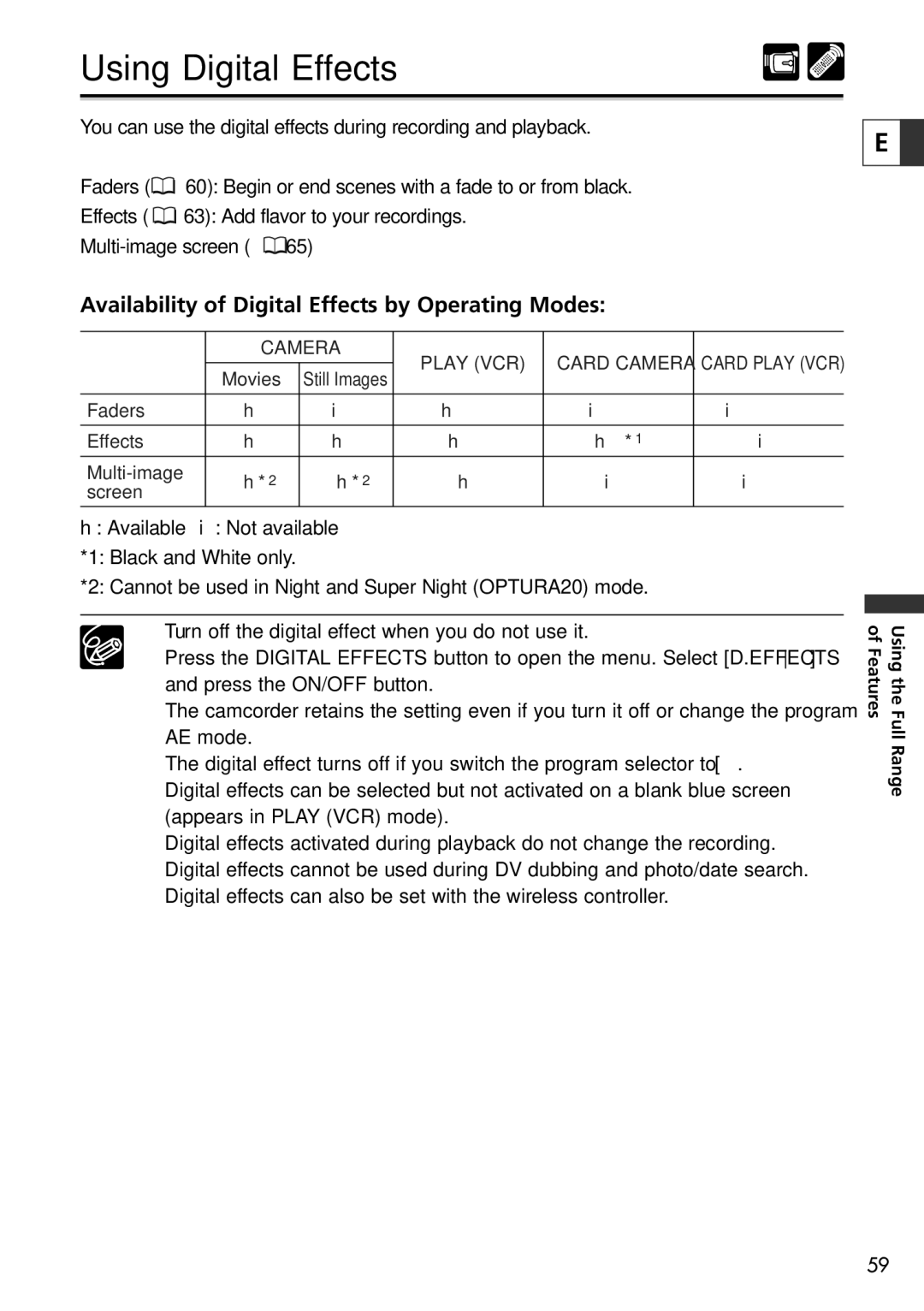 Canon 20, 10 instruction manual Using Digital Effects, Availability of Digital Effects by Operating Modes 