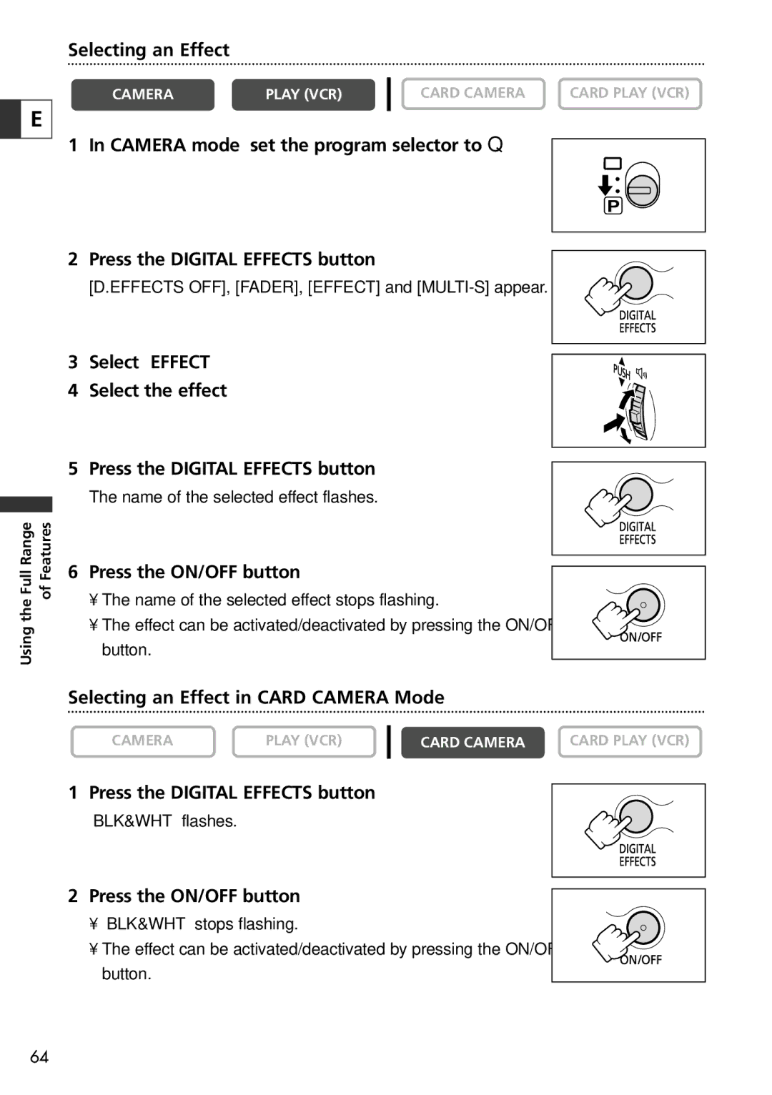 Canon 10, 20 instruction manual Press the ON/OFF button, Selecting an Effect in Card Camera Mode 