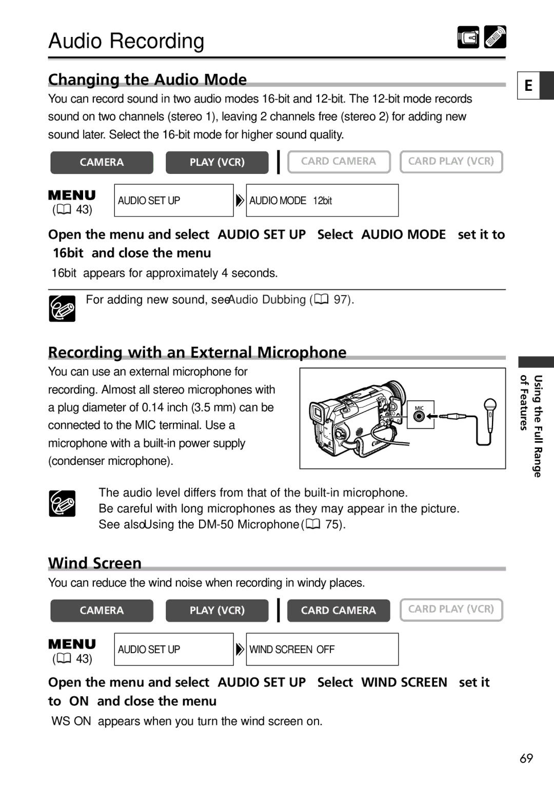 Canon 20, 10 instruction manual Audio Recording, Changing the Audio Mode, Recording with an External Microphone, Wind Screen 