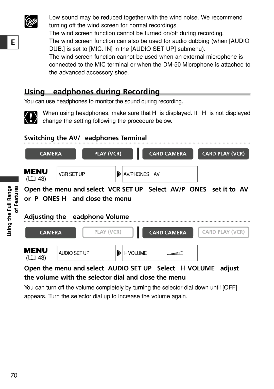 Canon 10, 20 instruction manual Using Headphones during Recording, Switching the AV/Headphones Terminal 