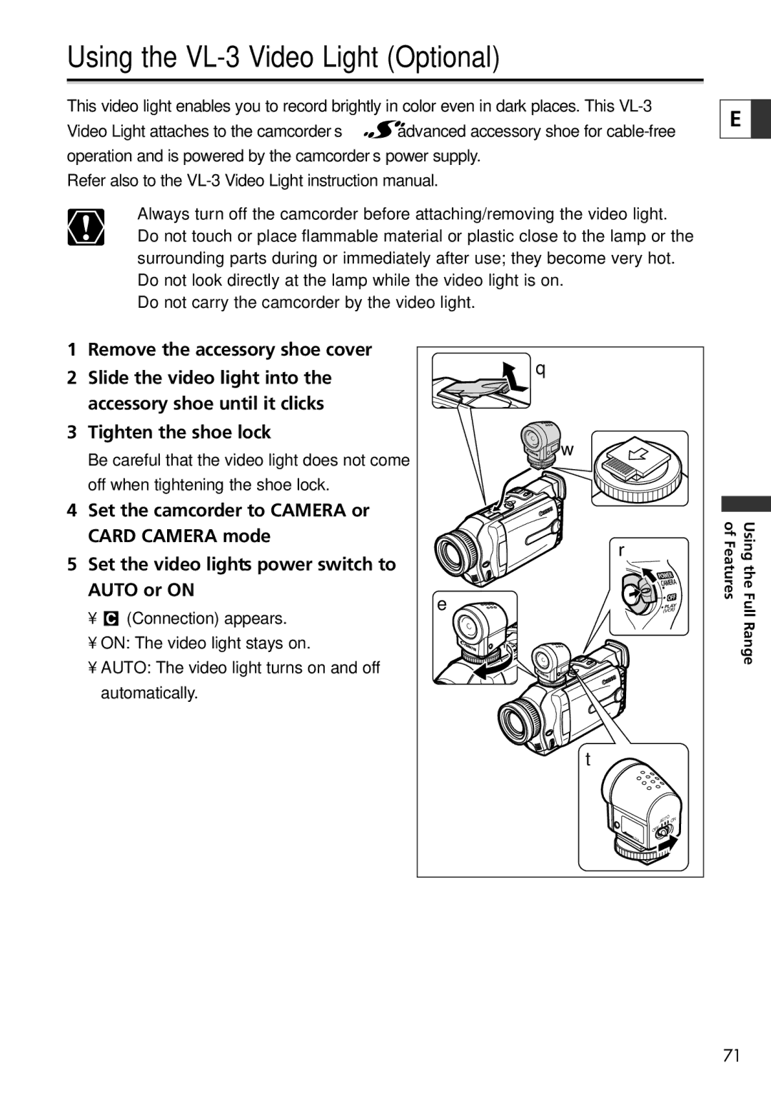 Canon 20, 10 instruction manual Using the VL-3 Video Light Optional, Remove the accessory shoe cover, Tighten the shoe lock 