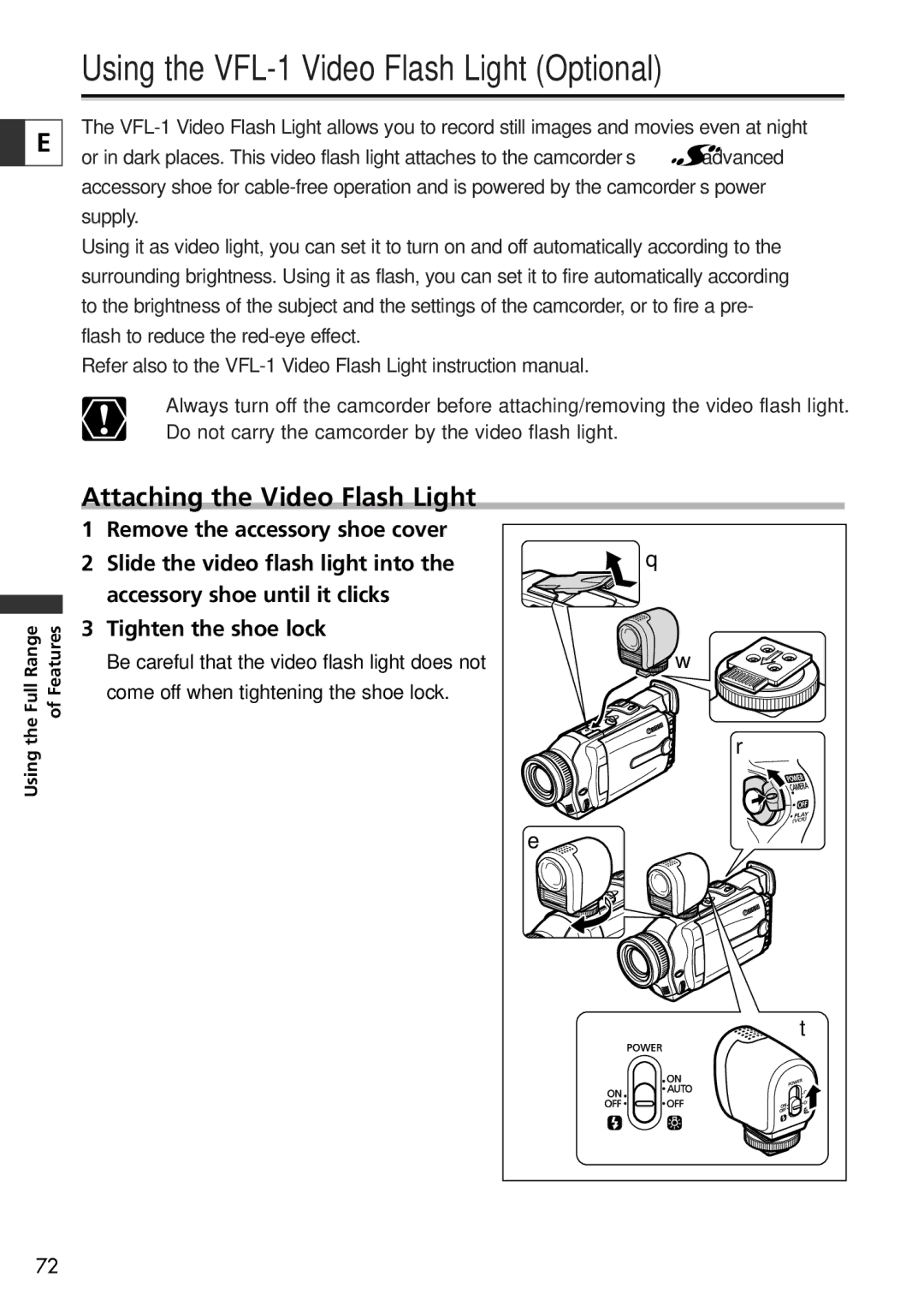 Canon 10, 20 instruction manual Using the VFL-1 Video Flash Light Optional, Attaching the Video Flash Light 