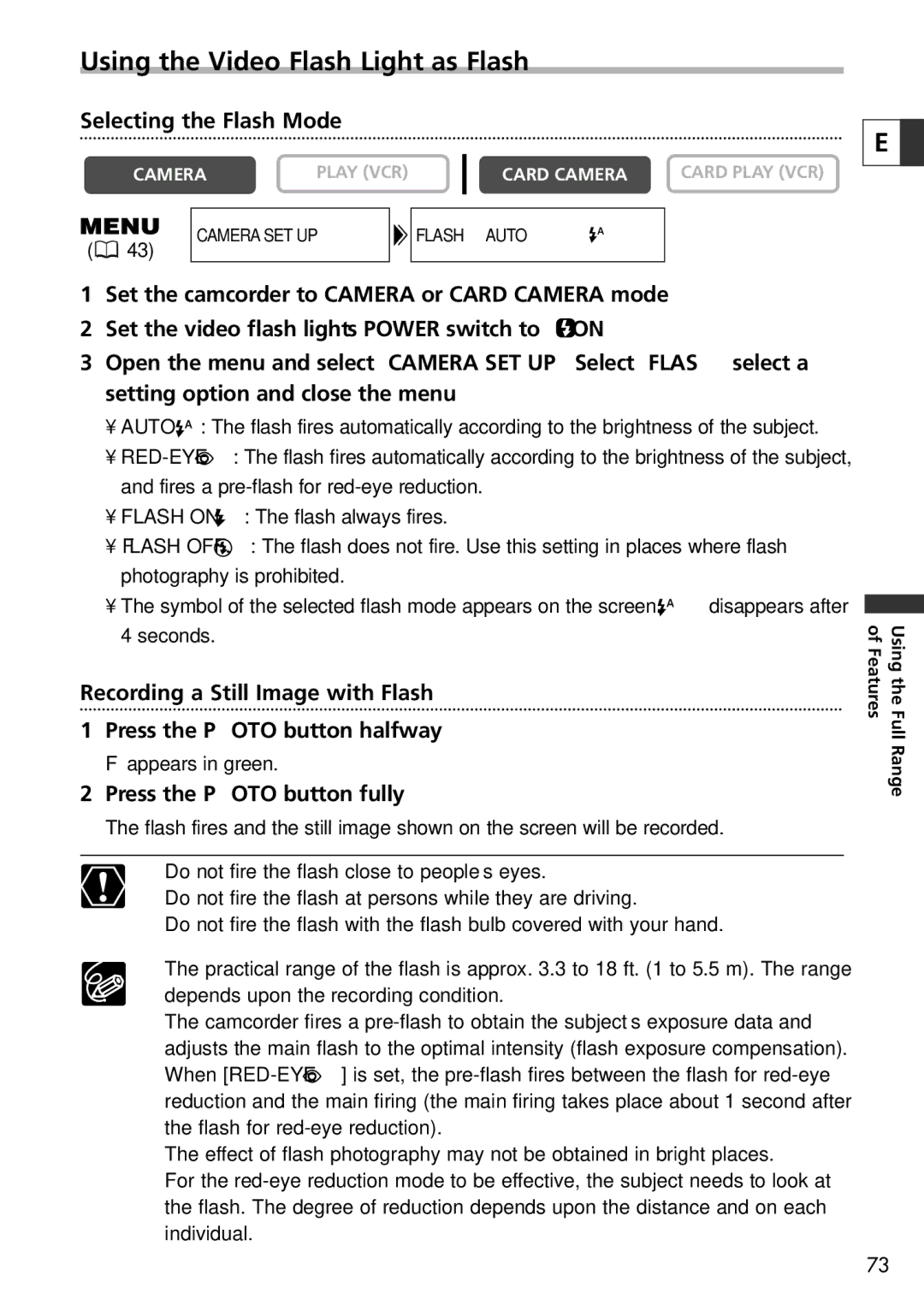 Canon 20, 10 instruction manual Using the Video Flash Light as Flash, Selecting the Flash Mode 