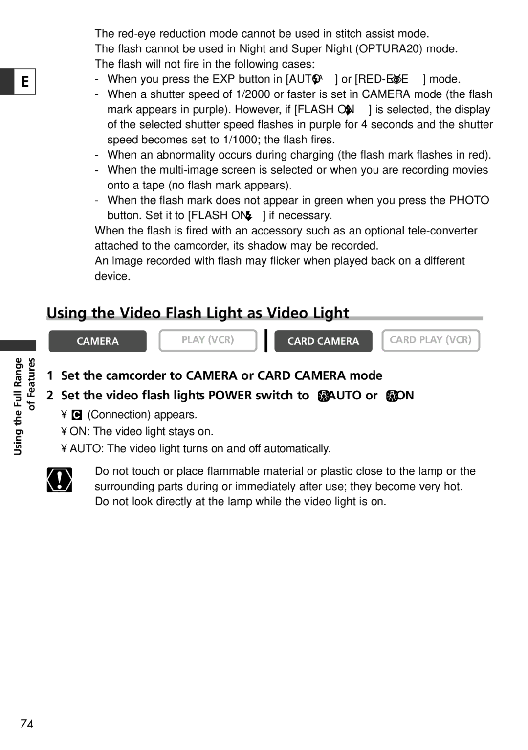 Canon 10, 20 instruction manual Using the Video Flash Light as Video Light 