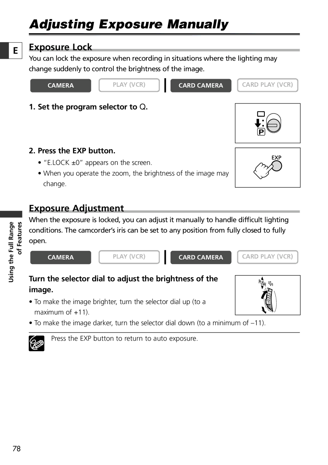 Canon 10, 20 instruction manual Adjusting Exposure Manually, Exposure Lock, Exposure Adjustment 