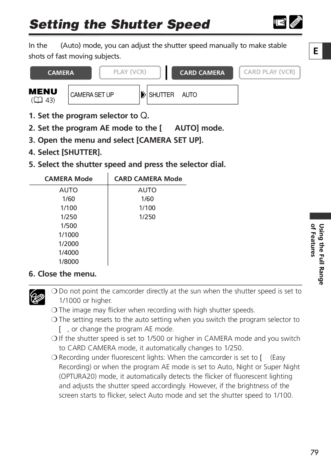 Canon 20, 10 instruction manual Setting the Shutter Speed, Close the menu 