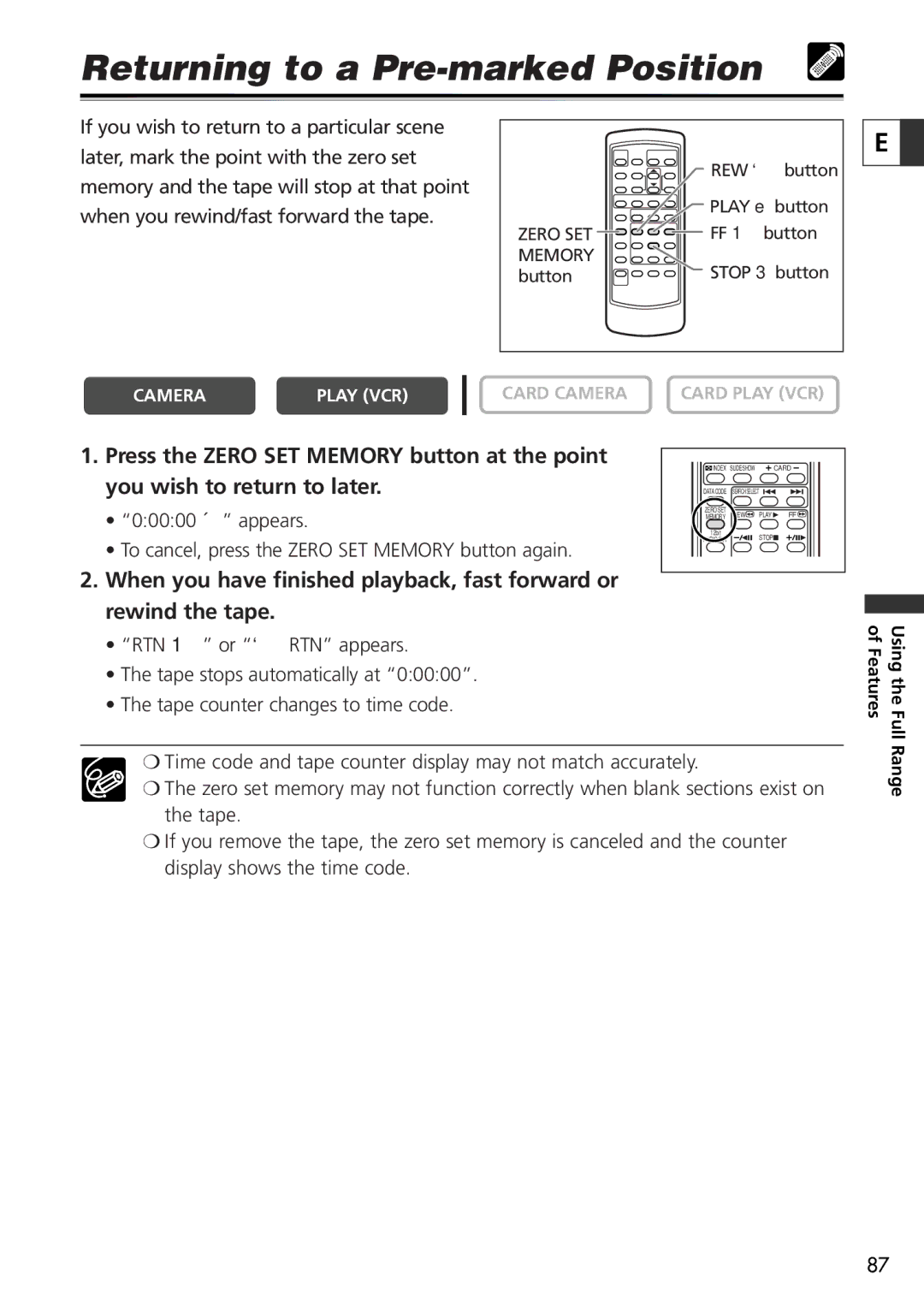 Canon 20, 10 instruction manual Returning to a Pre-marked Position 