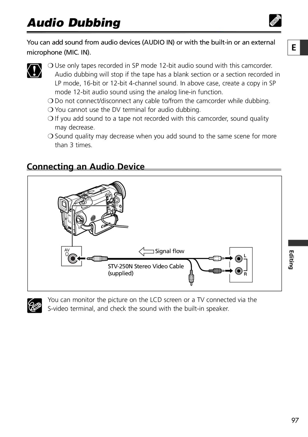 Canon 20, 10 instruction manual Audio Dubbing, Connecting an Audio Device 