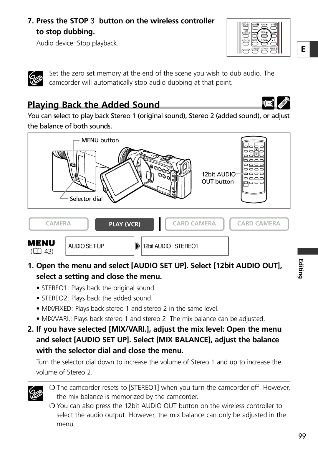 Canon 20, 10 Playing Back the Added Sound, Press the Stop 3 button on the wireless controller, To stop dubbing 