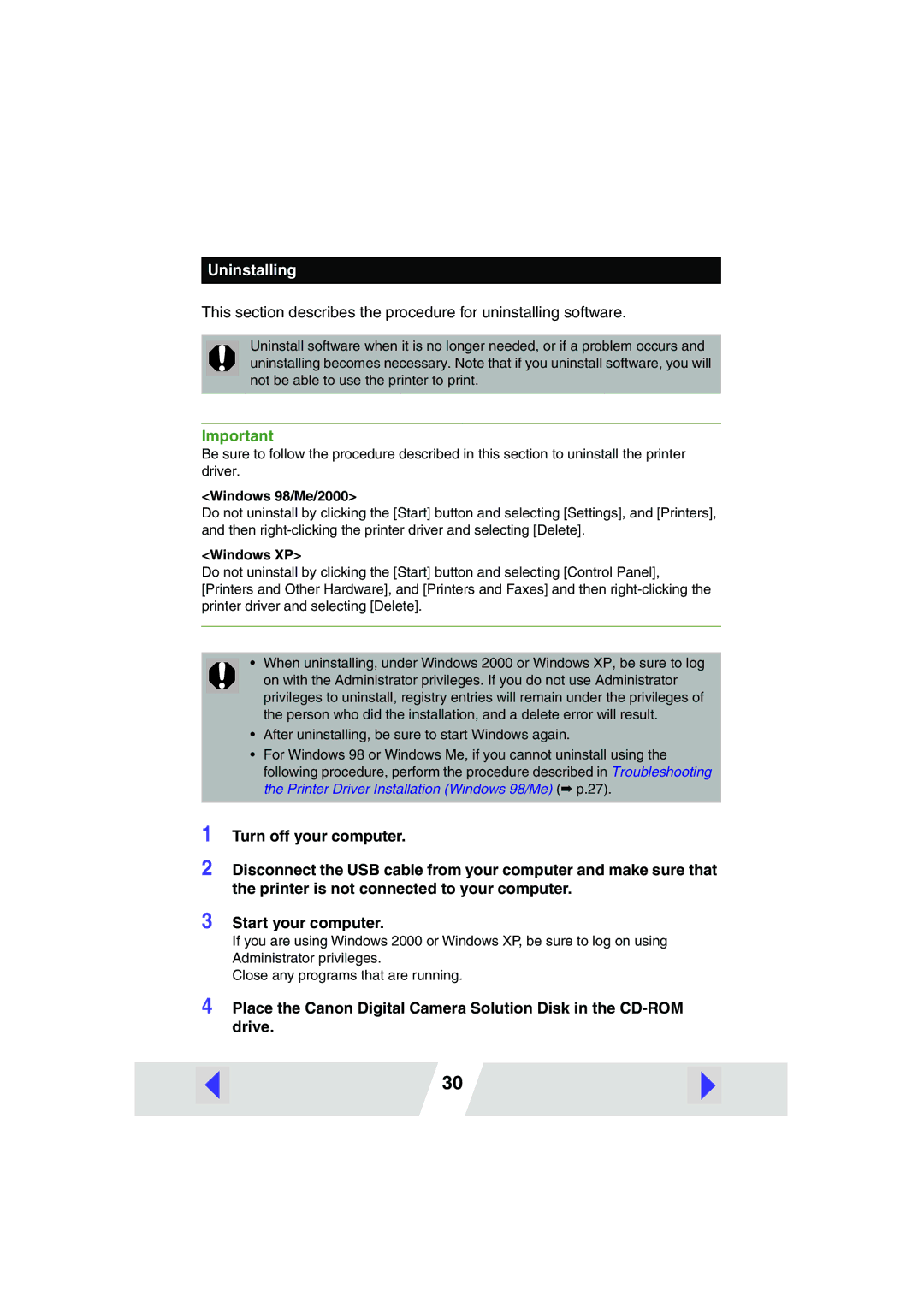 Canon CP100 manual Uninstalling 