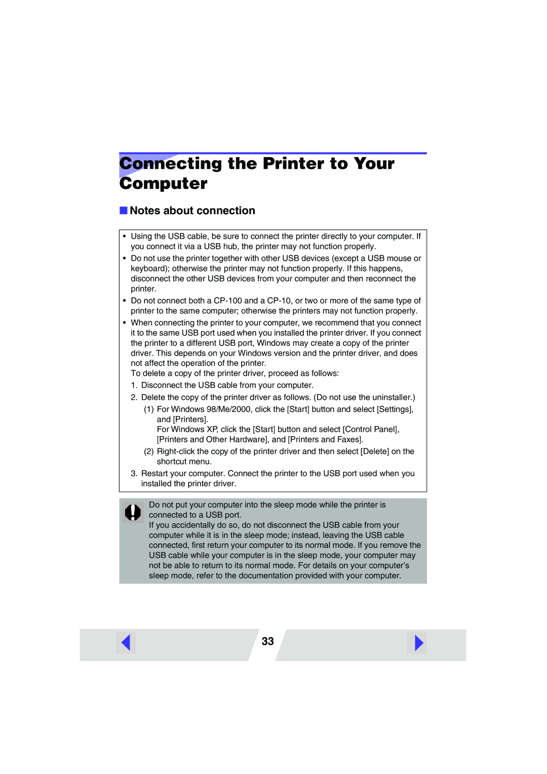 Canon CP100 manual Connecting the Printer to Your Computer 