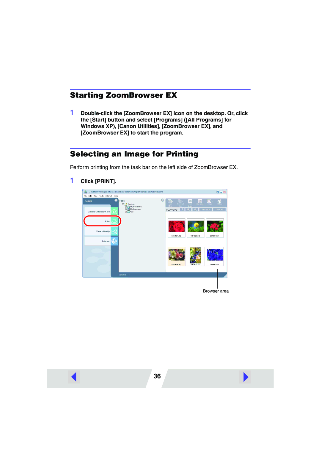 Canon CP100 manual Starting ZoomBrowser EX, Selecting an Image for Printing 