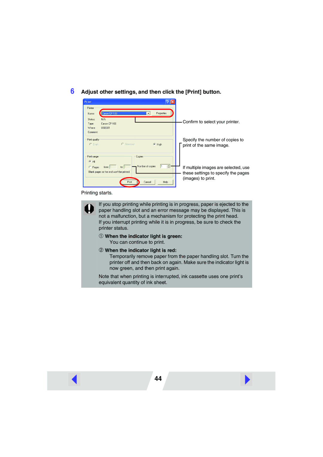 Canon CP100 manual Adjust other settings, and then click the Print button 