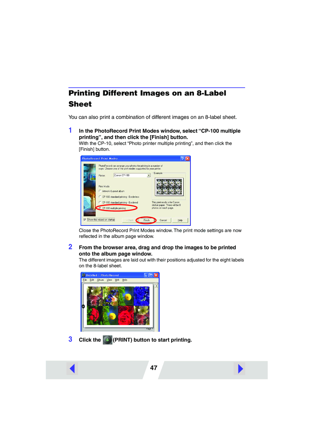 Canon CP100 manual Printing Different Images on an 8-Label Sheet 