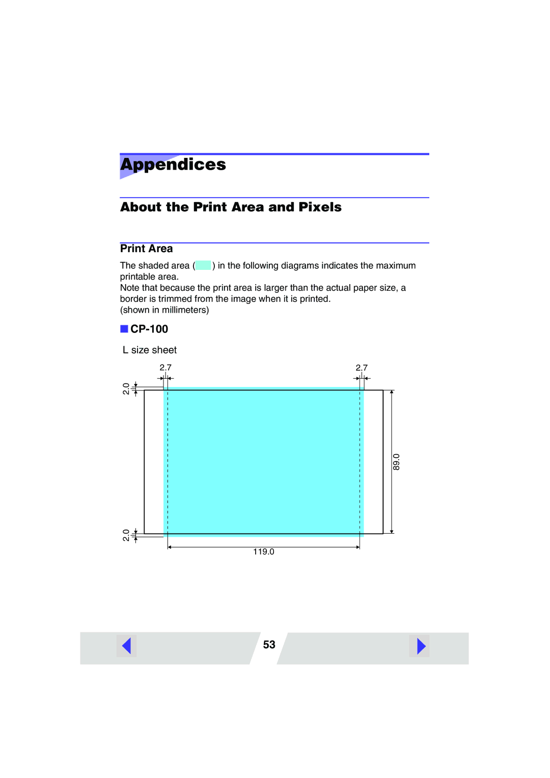 Canon CP100 manual Appendices, About the Print Area and Pixels, CP-100 