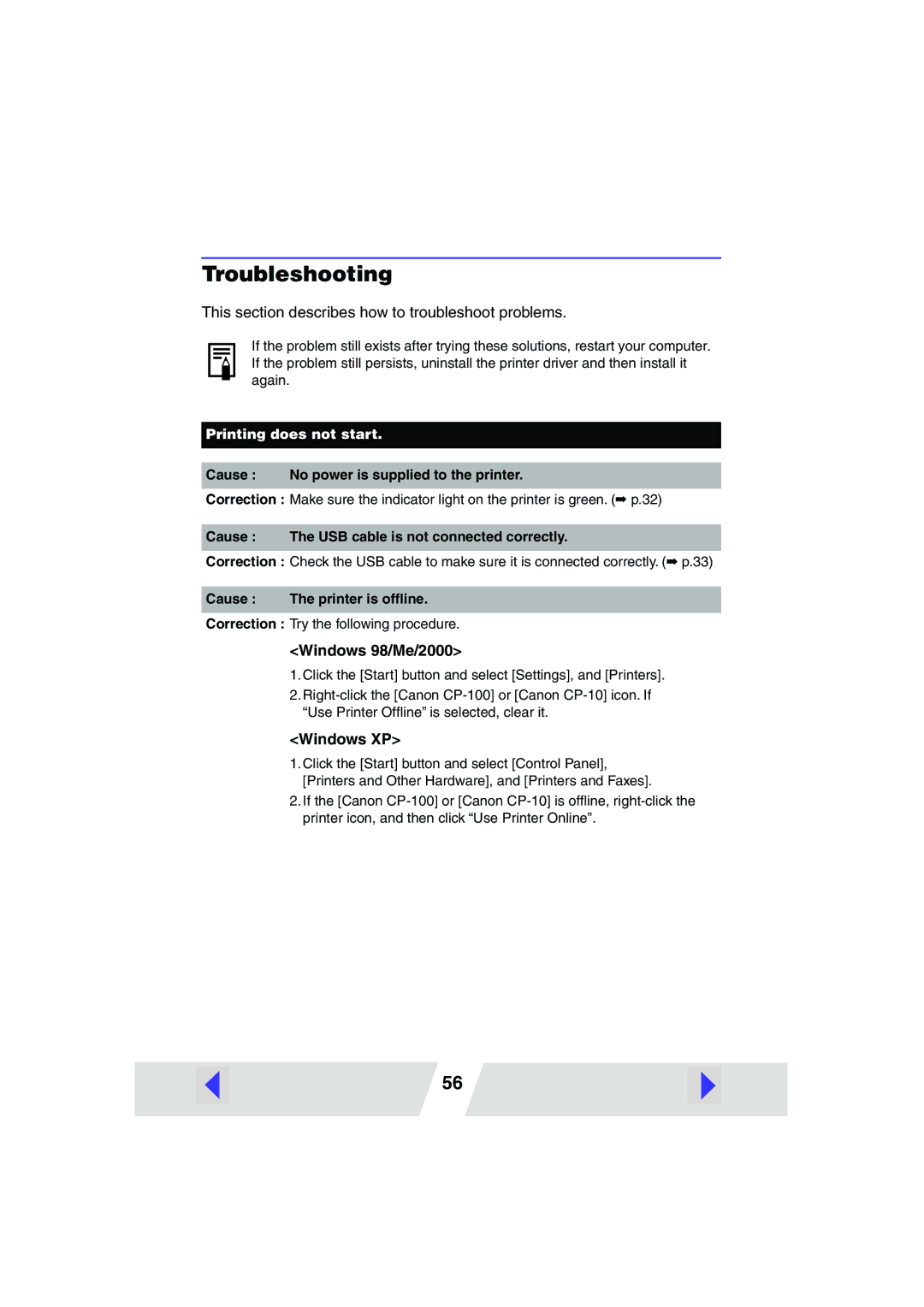 Canon CP100 manual Troubleshooting, This section describes how to troubleshoot problems 